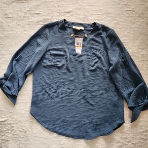 Michael Kors Textured Blue Blouse with Button Accents